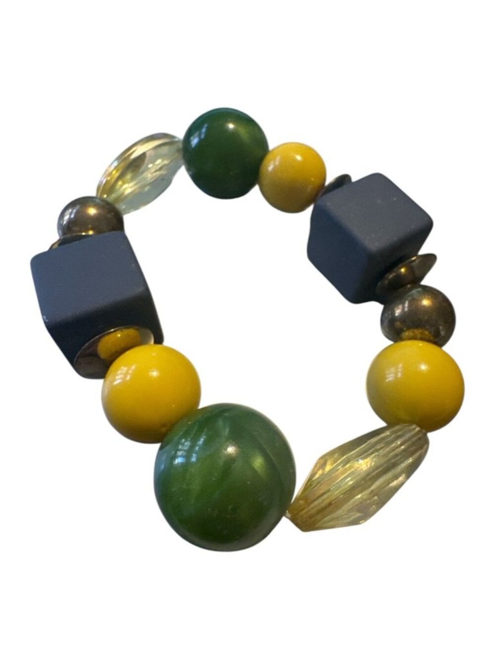 Handmade Beaded Stretch Bracelet – Green Yellow Metallic Mixed Beads – Chunky St